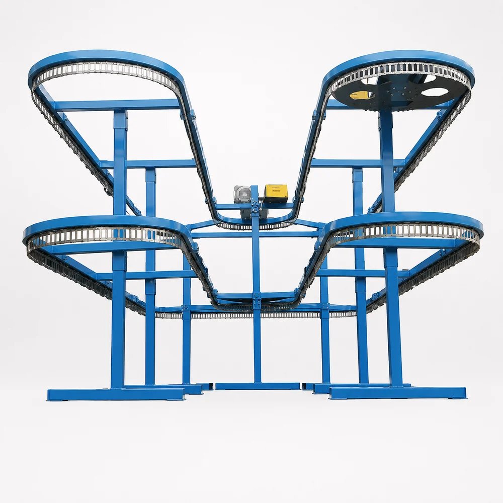Multi-level coat check conveyor system for high-capacity garment storage
