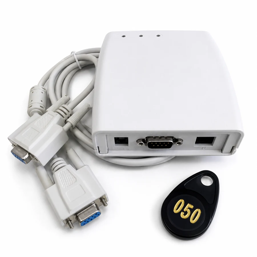 RFID reader interface and numbered key fob used with an automated coat check conveyor