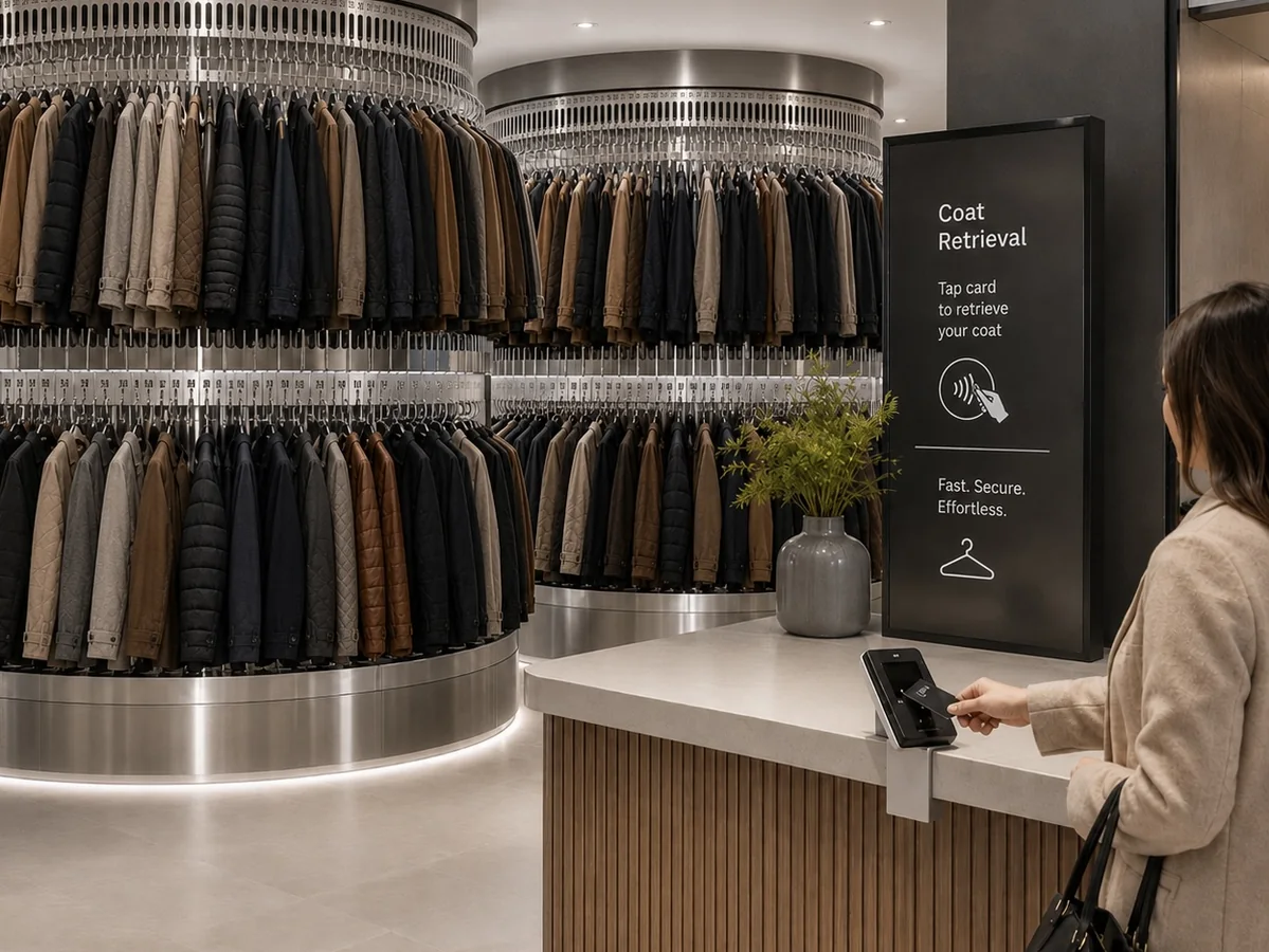 Guest tapping a card to retrieve a coat from an automated coat check system